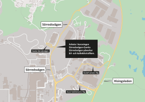 Karta som visar att arbete ska ske i korsningen Sörredsvägen-Gamla Sörredsvägen.