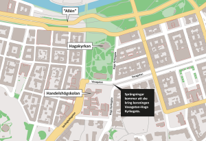 Karta som visar att sprängningar ska ske i korsningen Vasagatan-Haga Kyrkogata.