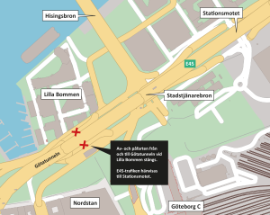 Kart som visar att av- och påfarten från och till Götatunneln stängs.