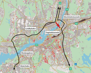 Karta som visar att Tingstadstunneln är stängd och att trafiken leds om via Älvsborgsbron och Marieholmstunneln.