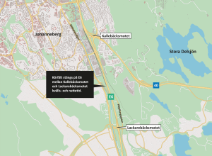 Karta som visar att körfält stängs på E6 mellan Kallebäcksmotet och Lackarebäcksmotet.