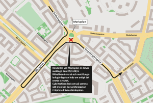Karta som visar hur trafiken leds om vid Mariaplan när en del av rondellen stängs av