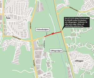 Karta som visar med en röd markering att Finlandsvägen är avstängd mellan Grimboåsen och Lillhagsvägen.