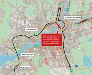 Karta som visar att Tingstadstunneln är stängd och att trafiken leds om via Älvsborgsbron och Marieholmstunneln.