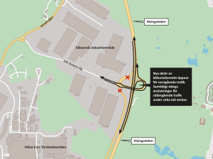Karta som visar att anslutningarna norrut i Kålseredsmotet är öppna medan vissa anslutningar för södergående trafik är stängda