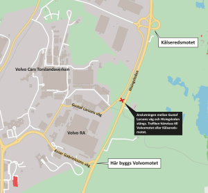 Karta som visar att anslutningen mellan Gustaf Larsons väg och Hisingsleden stängs