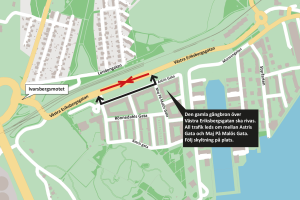 Kartan visar omledningen av trafiken när den gamla gångbron rivs över Västra Eriksbergsgatan 8-9 april 2023.