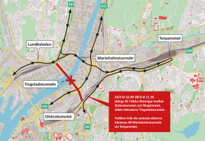 Karta som visar att E6 stängs mellan Olskroken och Ringön. Svarta pilar visar hur trafiken leds om via E20 och Torpamotet mot Marieholmstuneln.