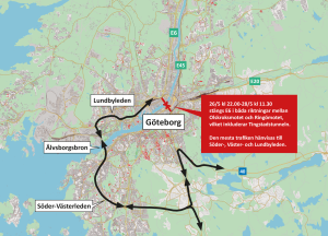 Karta som visar att E6 och Tingstadstunneln stängs. Svarta pilar visar hur trafiken leds om via Söder- och Västerleden, över Älvsborgsbron och via Lundbyleden.