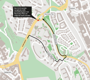 Karta som visar att trafiken på Guldhedsgatan norrut mot Wavrinskys plats leds om via Doktor Saléns gata och Doktor Allards gata