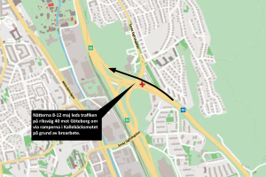 Karta över omledning av trafiken vid Kallebäcksmotet 8-12 maj 2023