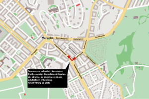 Karta över sommarens spårarbete vid korsningen Godhemsgatan-Kungsladugårdsgatan 2023