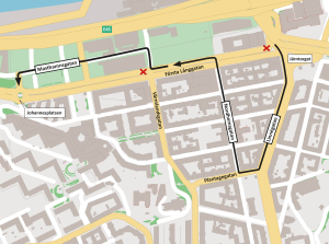 karta som visar med svarta pilar hur trafiken leds om mellan Järntorget och JOhannesplatsen