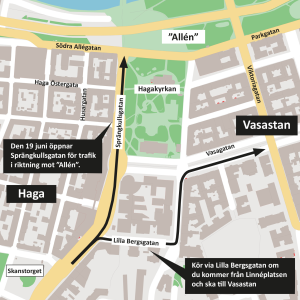 karta som visar med svarta pilar hur du kör när Sprängkullsgatan öppnar