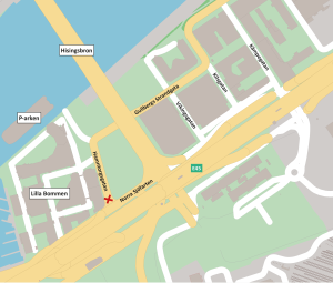 karta som visar med ett rött kryss att Hamntorgsgatan är stängd