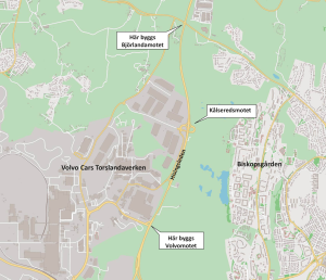 karta som visar var Björlandamotet, Kålseredsmotet och Volvomotet byggs längs HIsingsleden