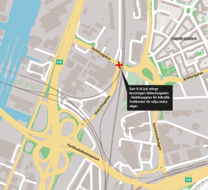 karta som visar med ett rött kryss att korsningen Waterloogatan-Slakthusgatan är avstängd