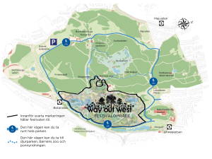 Karta över Slottsskogen och hur du bäst tar dig fram 1-15 augusti 2023 då delar av parken stäng för att bli festivalområde. 