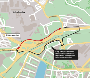 karta som visar hur cykel-och gångtrafik leds om längs Lundbyleden