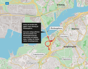 Karta över Älvsborgsbron och att påfarten från Oscarsleden upp mot bron stängs.