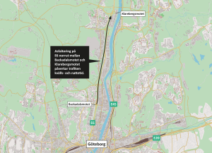 Karta där sträckan mellan Backadalsmotet och Klarebergsmotet är utmarkerat.