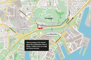 Karta som visar att vänstersvängen från Inlandsgatan till Lundbyleden mot centrum stängs.