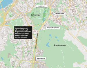 karta som visar att sträckan mellan Linnéplatsen och Marconimotet på Dag Hammarskjöldsleden påverkas av ett beläggningsarbete