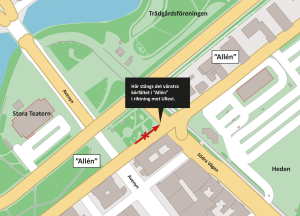 Karta som visar att det vänstra körfältet stängs i Allén mot Ullevi i korsningen Allén-Södra Vägen.