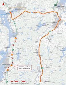 karta som visar omledningsväg när E6 Stenugsund är avstängd. 