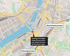 karta som visar att Gullbergs Strandgata är avständ på bron ovanför Tingstadstunneln.