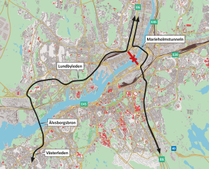 karta som visar omledningsvägarna via Marieholmstunneln och Älvsborgsbron när Tingstadstunneln är avstängd.