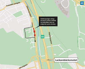 Karta som visar att delar av Göteborgsvägen stängs söderut nattetid och att trafiken leds om.