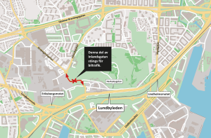 karta som visar att Inlandsgatan stängs på sträckan mellan Gropegårdsgatan och Herkulesgatan.