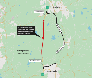 karta som visar hur trafiken leds om när E6 stängs norrut mellan Kungsbacka och Lindome