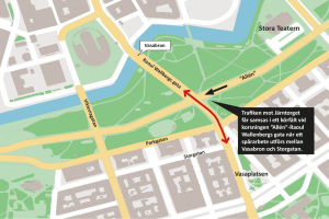 Kartan visar var trafiken i Allen påverkas av spårarbetet mellan Vasabron och Storgatan september 2023