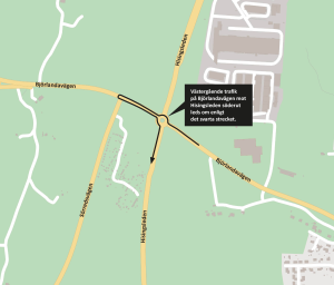 Karta som visar hur trafiken mellan Björlandavägen och Hisingsleden leds om