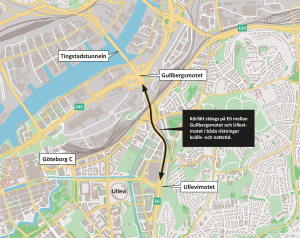 Karta som visar att körfält stängs kvälls- och nattetid på sträckan Gullbergsmotet-Ullevimotet.