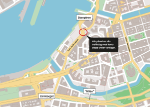 Karta som visar i vilket område längs Stora Badhusgatan som trafiken påverkas.