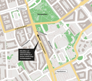karta som visar att biltrafiken och kollektivtrafiken delar körfält på en kortare del av Aschebergsgatan