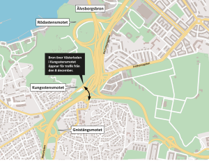 Karta som visar att bron över Västerleden i Kungsstensmotet öppnar för trafik igen