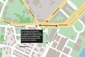 Kartan visar sträckan Ceresgatan-Lindholmsallen där bil och buss trafiken får samsas i bussfilen fram till maj 2024.