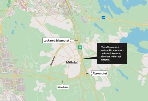 Karta som visar att E6-trafiken norrut mellan Åbromotet och Lackarebäcksmotet påverkas nattetid.
