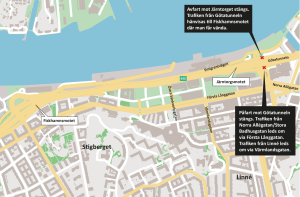 Karta som visar att på- och avfarten till och från Götatunneln i Järntorgsmotet stängs.