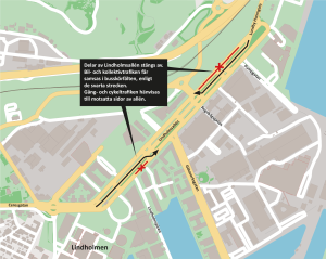 karta som visar hur trafiken leds om i LIndholmsallén