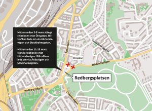 Karta som visar vilka relationer som stängs vid Redbergsplatsen nattetid.