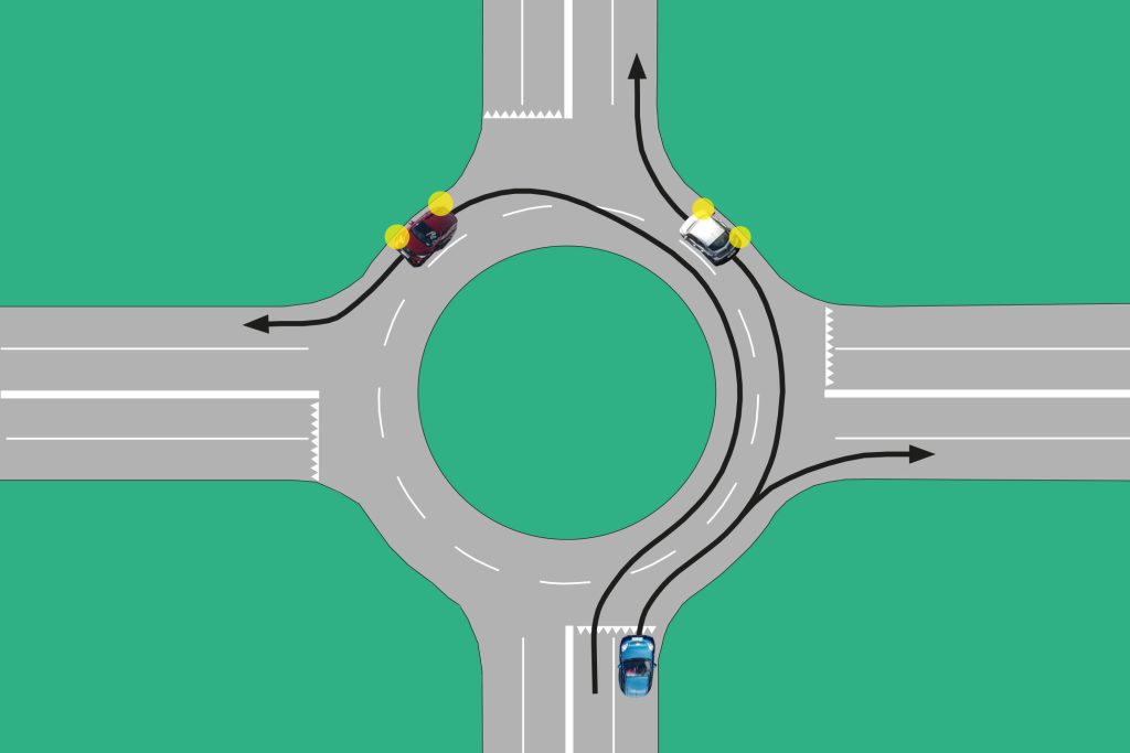 Illustration som visar hur man ska köra i en rondell.