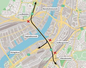 Karta som visar trafikflödet när Tingstadstunneln öppnar