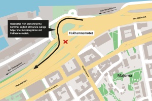 Karta som visar att trafiken från Stenafärjorna på Emigrantvägen måste köra mot Älvsborgsbron i Fiskhamnsmotet.