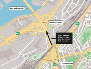 Karta som visar att ett körfält stängs på E6 norrut mellan Olskroksmotet och Gullbergsmotet.