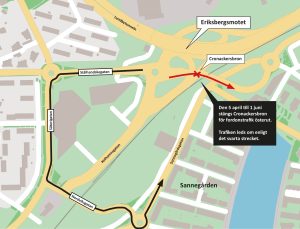 Karta som visar att Cronackersbron mot Lindholmen stängs och trafiken leds om via Nordviksgatan.